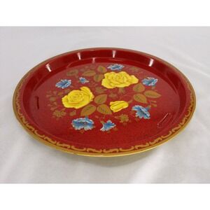Vintage MTM England Metal Floral Tea Serving Tray Red Yellow Roses 12.5"